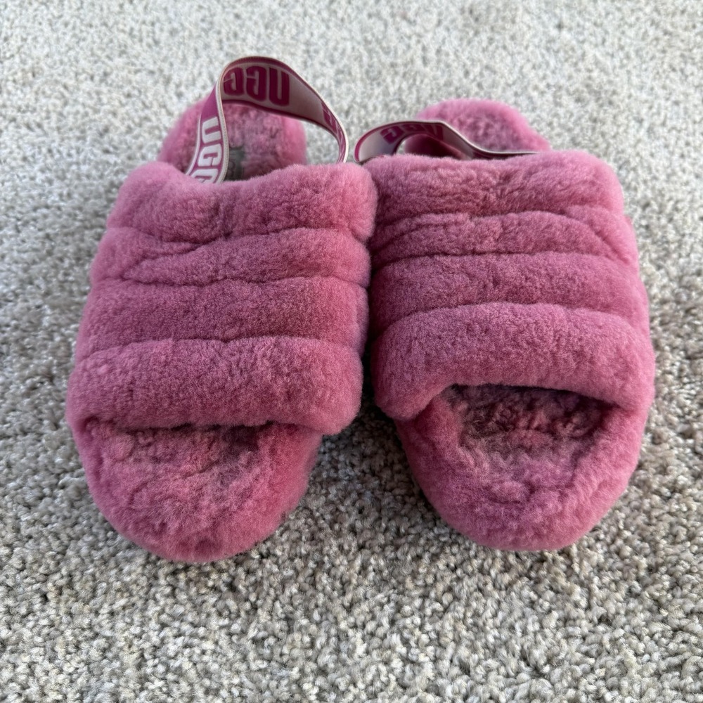 UGG Slippers Womens Size 7 Pink Shearling Fluff Slide Elastic Logo Strap Sling